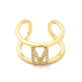 Clear Cubic Zirconia Initial Letter Open Cuff Ring, Real 18K Gold Plated Brass Double Line Ring for Women, Lead Free & Cadmium Free, Letter.M, US Size 6(16.5mm)