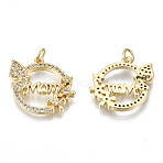 Real 16K Gold Plated Brass Micro Pave Cubic Zirconia Pendants, with Jump Ring, for Mother's Day, Cadmium Free & Nickel Free & Lead Free, Flat Round with Butterfly & Word Mom, Clear, 20x20x3mm, Jump Ring: 5x0.6mm, inner diameter: 3mm(KK-S061-72E-G-NR)