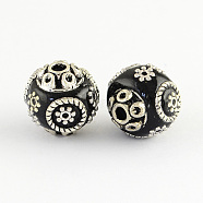Round Handmade Indonesia Beads, with Alloy Cores, Antique Silver, Black, 15x14mm, Hole: 2mm(IPDL-R394-12)