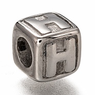 304 Stainless Steel European Beads, Large Hole Beads, Horizontal Hole, Cube with Letter, Stainless Steel Color, Letter.H, 8x8x8mm, Hole: 4.5mm(OPDL-L020-001H)