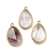 Natural Amethyst Faceted Pendants, Rack Plating Golden Plated Brass Teardrop Charms, 23x15x4~4.5mm, Hole: 1.4mm(G-M431-14G-06)