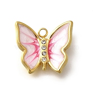 304 Stainless Steel Enamel Charms, with Rhinestone, Butterfly Charm, Real 18K Gold Plated, Pink, 13x14x3mm, Hole: 1.5mm(STAS-Q347-10C-G)