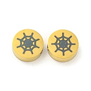 Halloween Theme 304 Stainless Steel Beads, Real 18K Gold Plated, Flat Round, Spider Web, 8x3mm, Hole: 2mm(STAS-M069-01D-G)