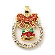 Christmas Brass Micro Pave Cubic Zirconia Pendant, with Enamel and Synthetic Opal, Christmas Wreath, FireBrick, 25.5x22.5x6mm, Hole: 5x3mm(KK-H468-01C-02G)