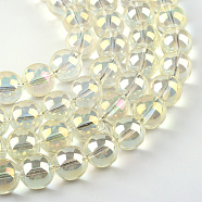 Electroplate Glass Beads Strands, Rainbow Plated, Round, Light Goldenrod Yellow, 7.5x8.5mm, Hole: 1mm, about 104pcs/strand, 30.3 inch(X-EGLA-Q062-8mm-A02)