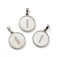 304 Stainless Steel with White Shell Pendants, Stainless Steel Color, Flat Round with Letter Charm, Letter.I, 18x16x1.5mm, Hole: 3x6mm(STAS-G268-01I-P)