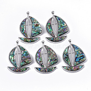 Shell Brooches/Pendants, with Resin Bottom and Alloy Findings, Sailboat, Platinum, Colorful, 62x45x10mm, hole: 3.5x6mm, Pin: 0.7mm(RESI-S376-14B)