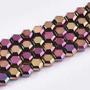Electroplate Glass Beads Strands, Faceted, Hexagon, Orchid, 5x6x4mm, Hole: 1mm, about 100pcs/strand, 20.4 inch(EGLA-T018-03-B02)