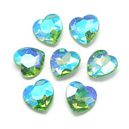 Pointed Back Glass Rhinestone Cabochons, Faceted, Back Plated, AB Color Plated, Heart, Light Green, 12.2x11.8x5mm(RGLA-T015-12mm-06)