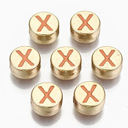Alloy Enamel Beads, Cadmium Free & Lead Free, Flat Round with Initial Letters, Light Gold, Orange, Letter.X, 8x4mm, Hole: 1.5mm(ENAM-S122-029X-RS)