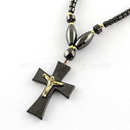 Non-Magnetic Synthetic Hematite Beaded Necklaces, with Gemstone Beads and Brass Screw Clasps, Crucifix Cross, For Easter, Black, 18.5 inch(NJEW-R150-05)
