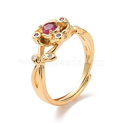 Cerise Cubic Zirconia Rose of Life Adjustable Ring, Brass Jewelry for Women, Cadmium Free & Nickel Free & Lead Free, Real 18K Gold Plated, US Size 4 3/4(15.4mm)(RJEW-P035-06G)