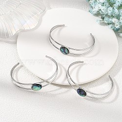 Non-Tarnish 304 Stainless Steel & Natural Paua Shell Cuff Bangles for Women, Round, Stainless Steel Color, Inner Diameter: 2.01 inch(5.1cm)x2.56 inch(6.5cm)(BJEW-JB14122-01)