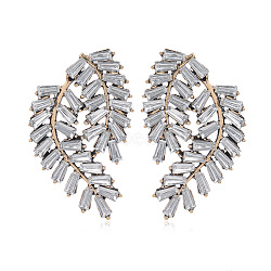 Alloy Leaf Stud Earrings, with Clear Cubic Zirconia, Golden, 47x21mm(TG5845)