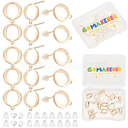 20Pcs Rack Plating Brass Ring Stud Earring Findings, with Loops and 20Pcs Plastic Ear Nuts, Real 18K Gold Plated, 12x10mm, Hole: 1mm, Pin: 0.8mm(KK-GO0001-84)