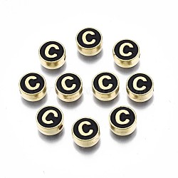 Alloy Enamel Beads, Cadmium Free & Lead Free, Light Gold, Flat Round with Alphabet, Black, Letter.C, 8x4mm, Hole: 1.5mm(ENAM-N052-006-02C-RS)
