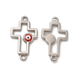 201 Stainless Steel Connector Charms, with Enamel, Corss Links with Evil Eye, Stainless Steel Color, Red, 24x13.5x2mm, Hole: 2mm(STAS-J401-VF655-2)
