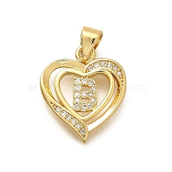 Rack Plating Brass Micro Pave Cubic Zirconia Pendants, Long-Lasting Plated, Lead Free & Cadmium Free,Real 18K Gold Plated, Heart with Letter Charms, Letter B, 17.5x15x2.5mm, Hole: 5x3mm(KK-L226-101G-B)