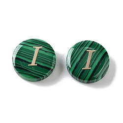 Synthetic Malachite Beads, with Golden Tone Brass Slices, Flat Round with Letter, Letter I, 15x5mm, Hole: 1.4mm(G-A238-01I)