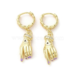 Palm with Horse Eye Real 18K Gold Plated Brass Dangle Hoop Earrings, with Enamel and Cubic Zirconia, Medium Purple, 36x8.5mm(EJEW-Q797-21G-05)