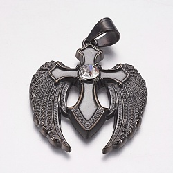 304 Stainless Steel Pendants, with Rhinestone, Wing with Cross, Crystal, Gunmetal, 39x49x5mm, Hole: 7x9mm(STAS-P225-067B)