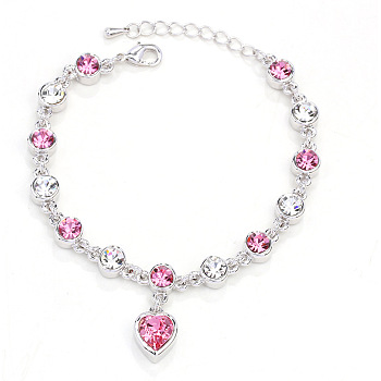 Alloy Rhinestone Charm Bracelets, Link Chain Bracelets for Women, Heart, Platinum, Rose, 6.30 inch(16cm)