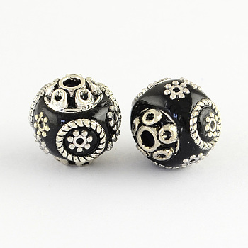 Round Handmade Indonesia Beads, with Alloy Cores, Antique Silver, Black, 15x14mm, Hole: 2mm