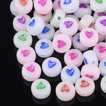 Luminous Acrylic Beads, Flat Round with Heart, Mixed Color, 7x3.5~4mm, Hole: 1.2mm