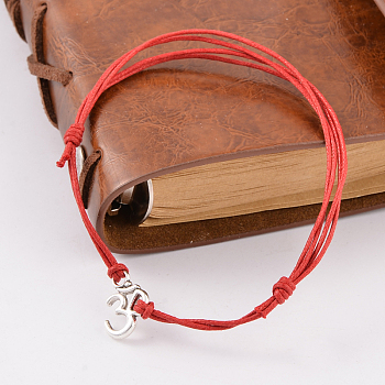 Trendy Waxed Cord Bracelets, Red String Bracelets, with Tibetan Style Antique Silver Alloy Findings, Red, 68mm
