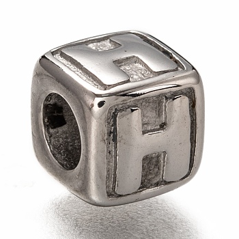 304 Stainless Steel European Beads, Large Hole Beads, Horizontal Hole, Cube with Letter, Stainless Steel Color, Letter.H, 8x8x8mm, Hole: 4.5mm