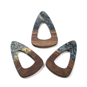 Walnut Wood Pendant, Resin & Gold Foil, Teardrop, Slate Gray, 45x30x3.5mm, Hole: 2mm