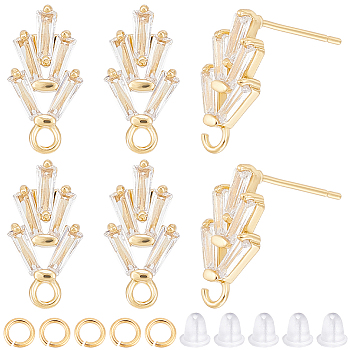 6 Pairs Leaf Shape Brass Cubic Zirconia Stud Earring Findings, with Loops, 50Pcs Jump Rings, 50Pcs Plastic Ear Nuts, Golden, 14.2x7.5mm, Hole: 1mm, Pin: 0.8mm