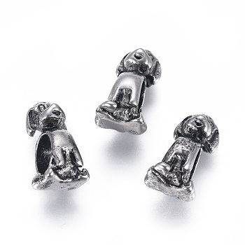 304 Stainless Steel Puppy European Beads, Large Hole Beads, Beagle Dog Charms, Antique Silver, 13.5x7.5x8mm, Hole: 5mm