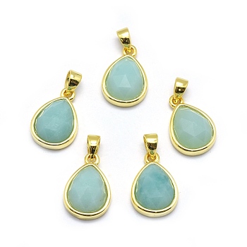 Natural Amazonite Pendants, with Golden Tone Brass Findings, teardrop, Faceted, 14.5x9.5x5mm, Hole: 2.5x3.5mm