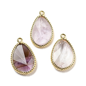 Natural Amethyst Faceted Pendants, Rack Plating Golden Plated Brass Teardrop Charms, 23x15x4~4.5mm, Hole: 1.4mm
