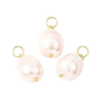Electroplated Glass Imitation Pearl Pendants, Nuggets, with 304 Stainless Steel Open Jump Rings, Seashell Color, 19.5x12~12.5mm, Hole: 5mm