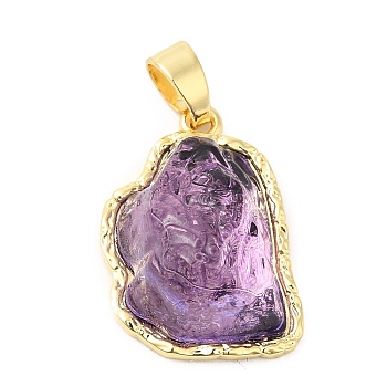 Rack Plating Brass Pendants, Iceberg Melting Shaped Glass Charms, Long-Lasting Plated, Cadmium Free & Lead Free, Real 18K Gold Plated, Violet, 22.5x15.5x9mm, Hole: 6x3mm