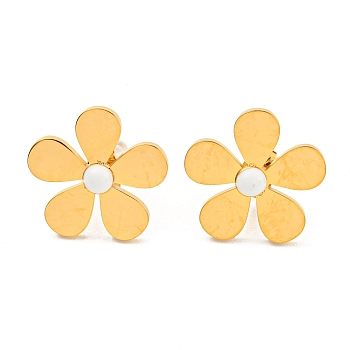 304 Stainless Steel Enamel Stud Earrings for Women, Small Daisy, White, Real 18K Gold Plated, 18mm