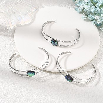 Non-Tarnish 304 Stainless Steel & Natural Paua Shell Cuff Bangles for Women, Round, Stainless Steel Color, Inner Diameter: 2.01 inch(5.1cm)x2.56 inch(6.5cm)