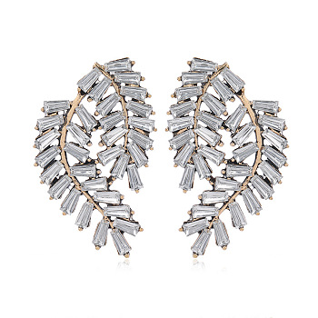 Alloy Leaf Stud Earrings, with Clear Cubic Zirconia, Golden, 47x21mm