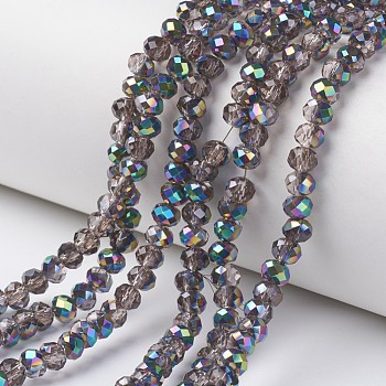 Electroplate Transparent Glass Beads Strands, Half Multi-color Plated, Faceted, Rondelle, Gray, 8x6mm, Hole: 1mm, about 63~65pcs/strand, 39~40cm