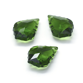 Faceted Glass Pendants, Leaf, Green, 22x15.5x8.5mm, Hole: 1mm
