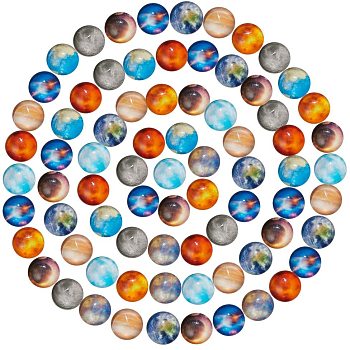 SUNNYCLUE Glass Cabochons, Half Round/Dome, Planet Print Pattern, Mixed Color, 10x4mm, 10colors, 10pcs/color, 100pcs/box