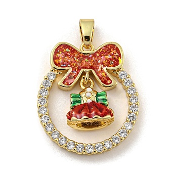 Christmas Brass Micro Pave Cubic Zirconia Pendant, with Enamel and Synthetic Opal, Christmas Wreath, FireBrick, 25.5x22.5x6mm, Hole: 5x3mm