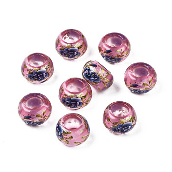 Flower Printed Transparent Acrylic Rondelle Beads, Large Hole Beads, Hot Pink, 15x9mm, Hole: 7mm