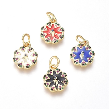 Brass Micro Pave Cubic Zirconia Pendants, with Enamel, Flower, Mixed Color, Golden, 14x11x2mm, Hole: 4mm