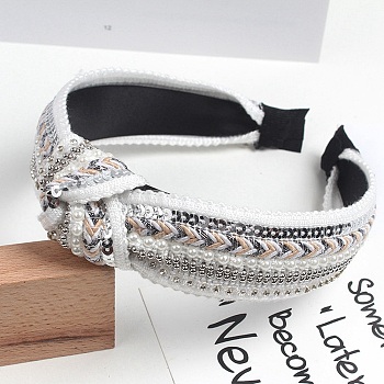 Sequin Ethnic Style Rhinestone Pearl Hair Band, Wide Knotted Cloth Hair Accessories for Women Girl, Bisque, 160x130mm