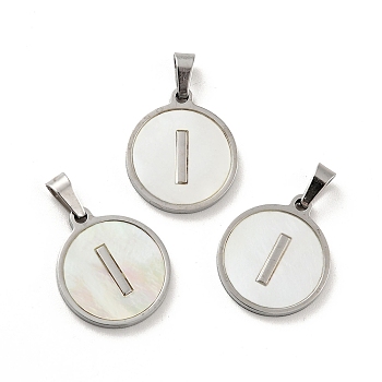 304 Stainless Steel with White Shell Pendants, Stainless Steel Color, Flat Round with Letter Charm, Letter.I, 18x16x1.5mm, Hole: 3x6mm