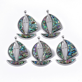 Shell Brooches/Pendants, with Resin Bottom and Alloy Findings, Sailboat, Platinum, Colorful, 62x45x10mm, hole: 3.5x6mm, Pin: 0.7mm