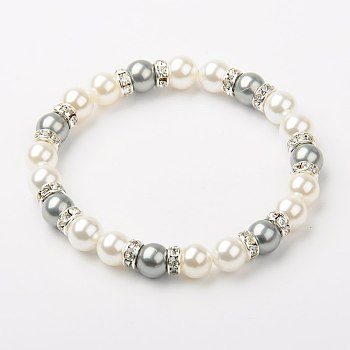Shell Pearl Bracelets, Beaded Bracelets for Women, Stretchy Bracelets, with Middle East Rhinestones, Light Grey, 55mm